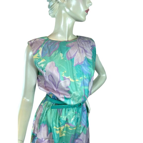 80s/90s Floral Cotton Dress With Elastic Waist And Belt Size M/L - Picture 2 of 5